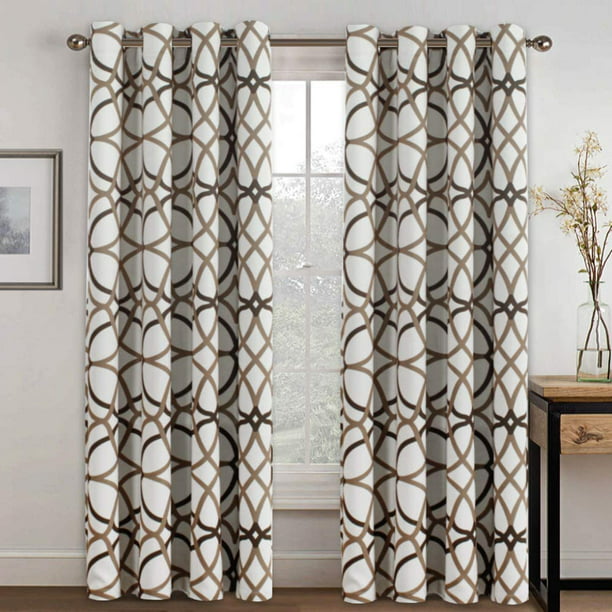 H.VERSAILTEX Thermal Insulated Blackout Grommet Curtain Drapes for Living Room-52 inch Width by 84 inch Length-Set of 2 Panels-Taupe and Brown Geo Pattern